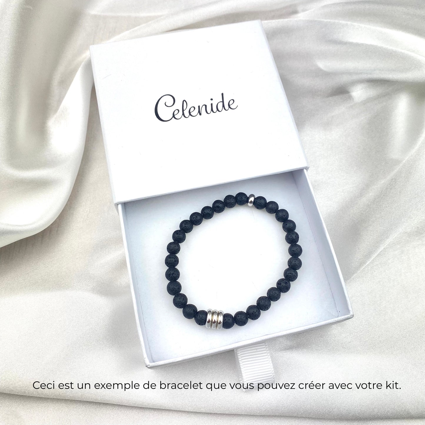 Kit bracelet pierre de lave perles 6 mm tube acier argenté