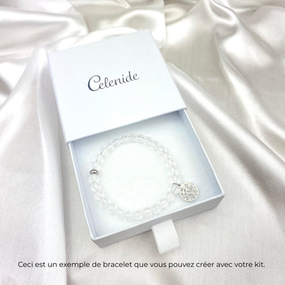 Kit bracelet cristal de roche perles facettées 6 mm pendentif acier argenté
