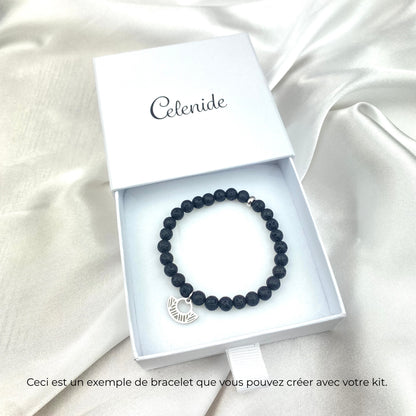 Kit bracelet pierre de lave perles 6 mm pendentif acier argenté