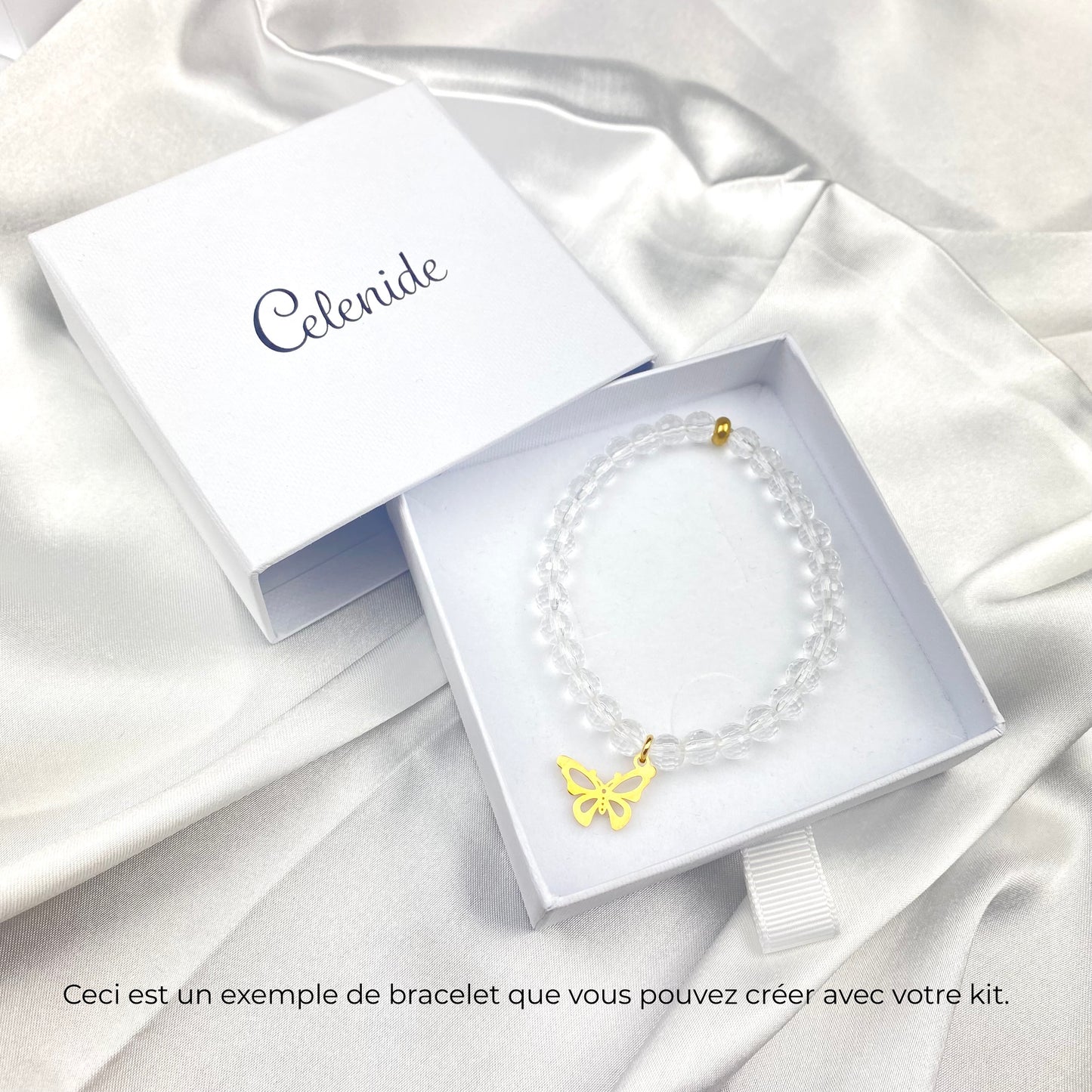 Kit bracelet cristal de roche perles facettées 6 mm pendentif acier doré