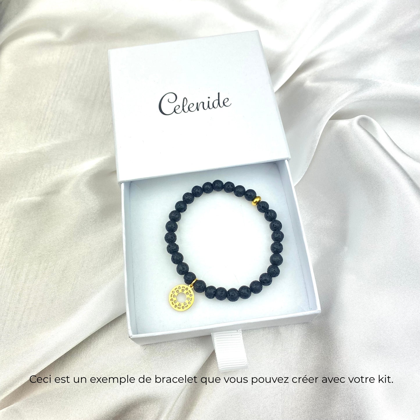 Kit bracelet pierre de lave perles 6 mm pendentif acier doré