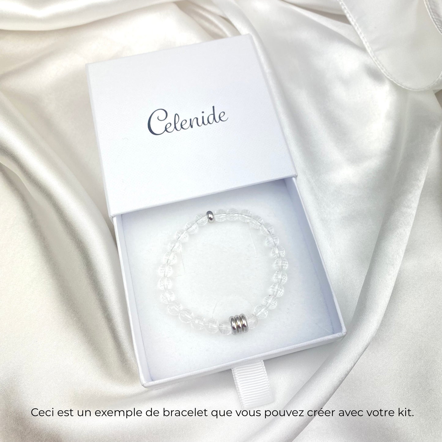 Kit bracelet cristal de roche perles facettées 6 mm tube acier argenté