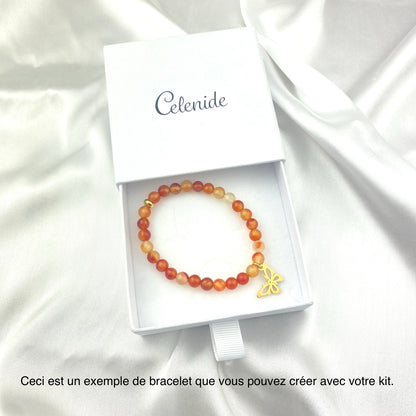 Kit bracelet cornaline perles 6 mm pendentif acier doré