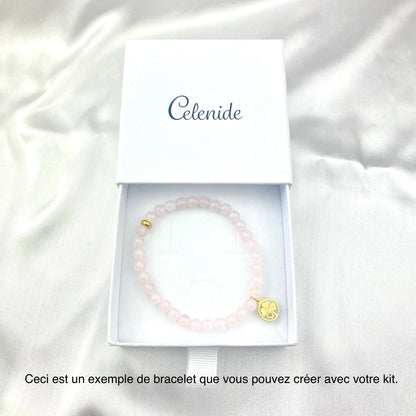 Kit bracelet quartz rose perles 6 mm pendentif acier doré