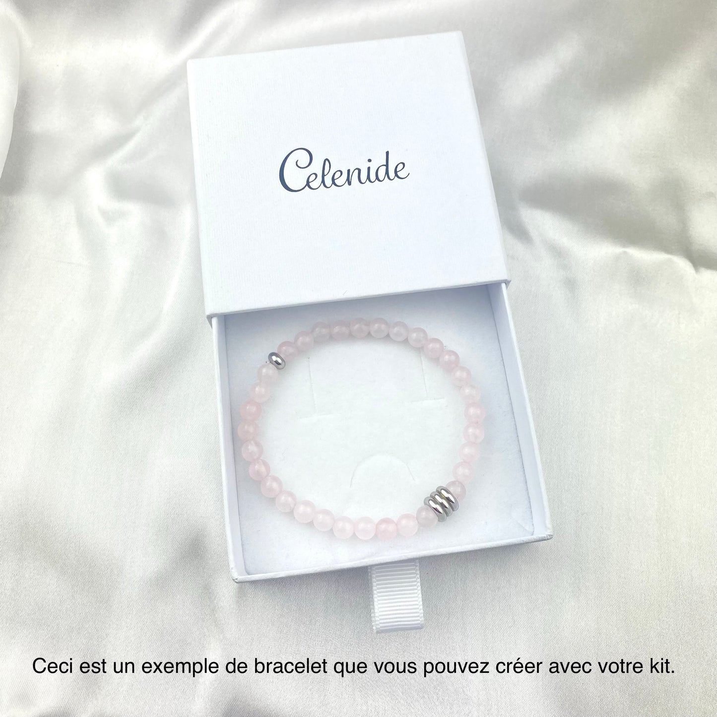 Kit bracelet quartz rose perles 6 mm tube acier argenté
