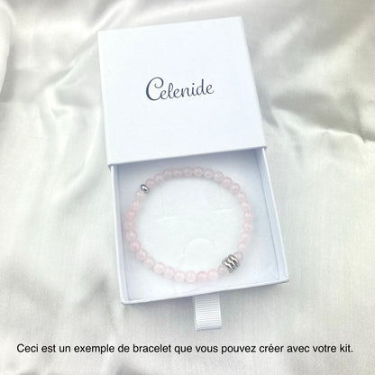Kit bracelet quartz rose perles 6 mm tube acier argenté